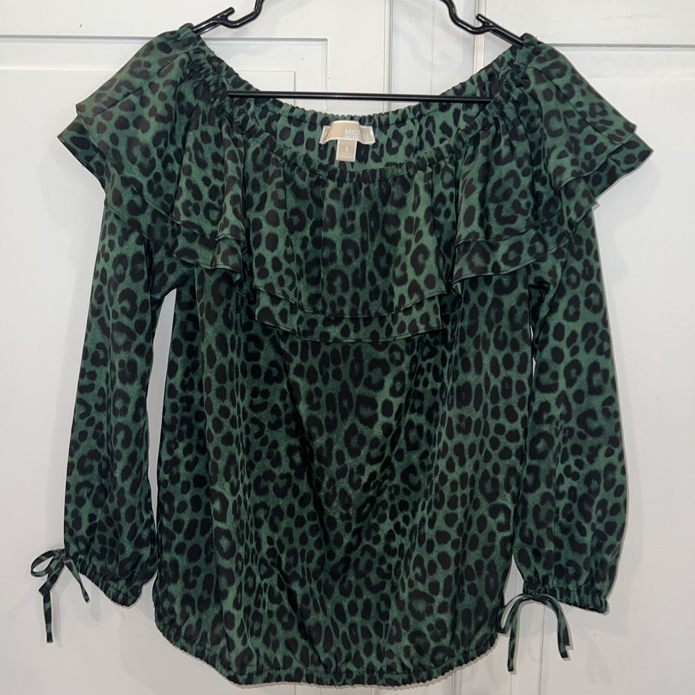 Michael Kors-Green Black Womens Size S Leopard Print Off Shoulder, Elastic Waist